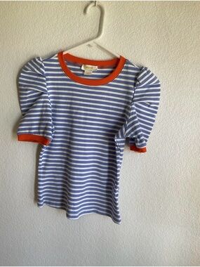 Anthropologie Striped Puff Sleeve Tee in Blue, White & Orange Trim